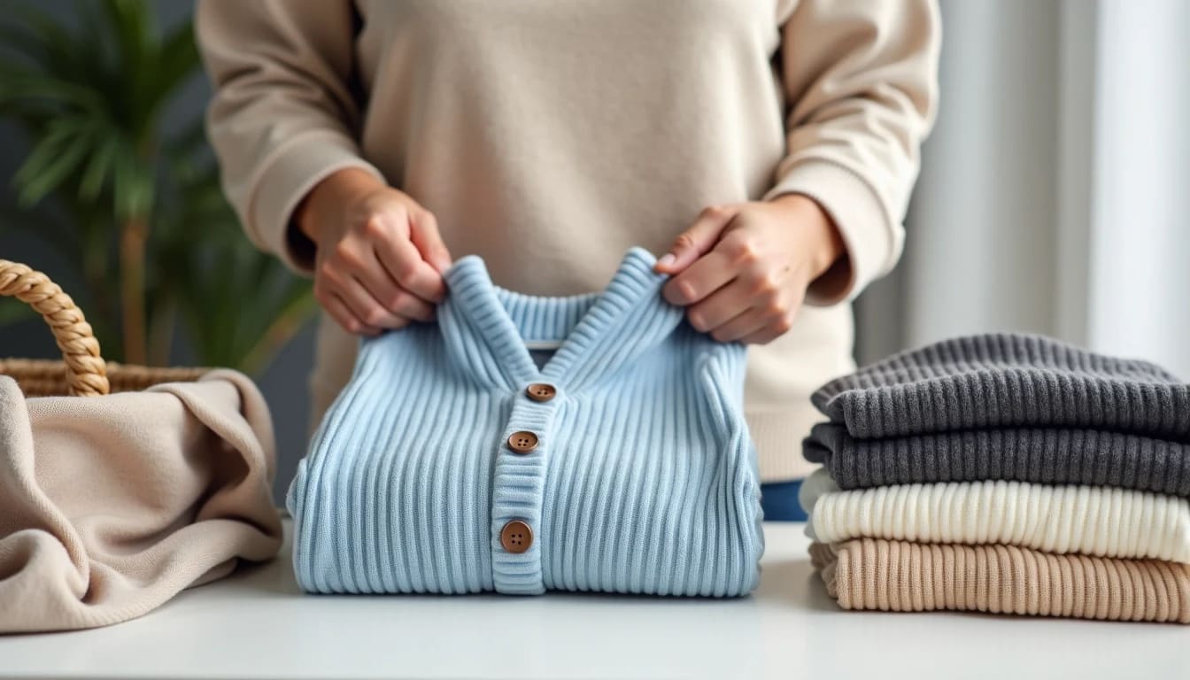 Person folding a blue ribbed sweater, surrounded by neatly stacked folded clothing items, highlighting laundry services for local businesses and families at My Best Cleaners.