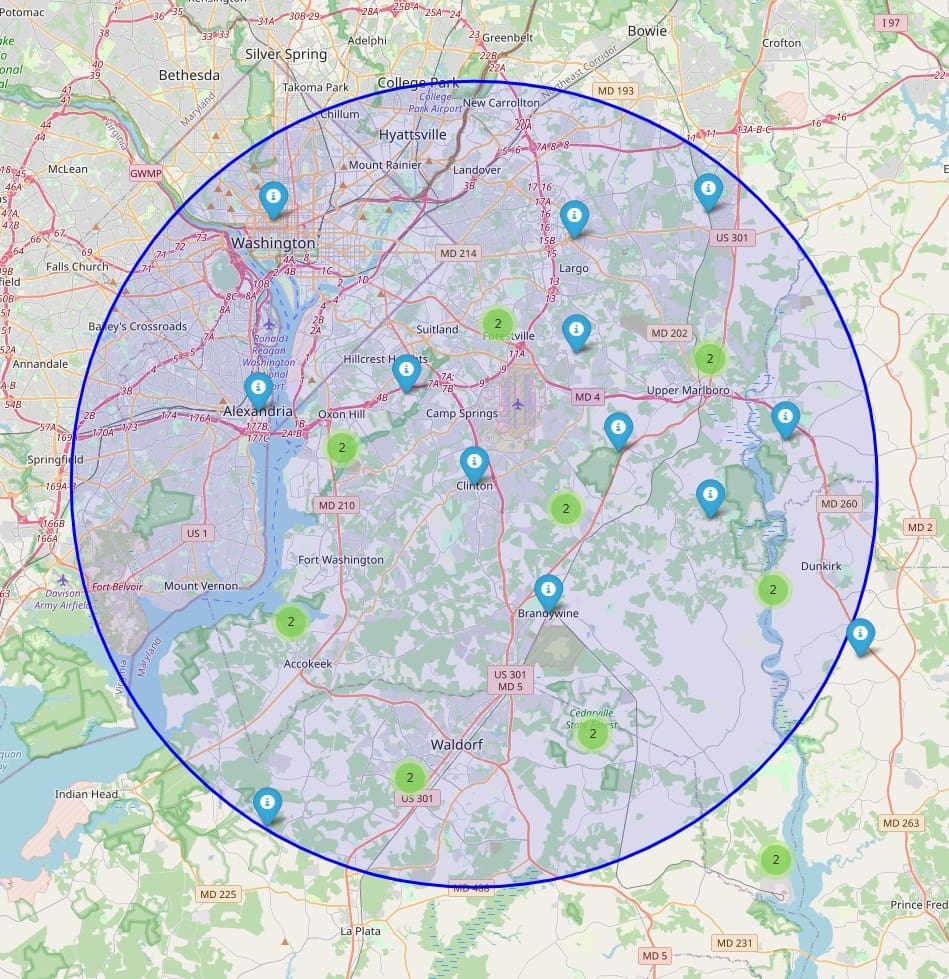 Map highlighting service areas of My Best Cleaners around Clinton, Maryland, including nearby communities like Waldorf, Upper Marlboro, and Alexandria.